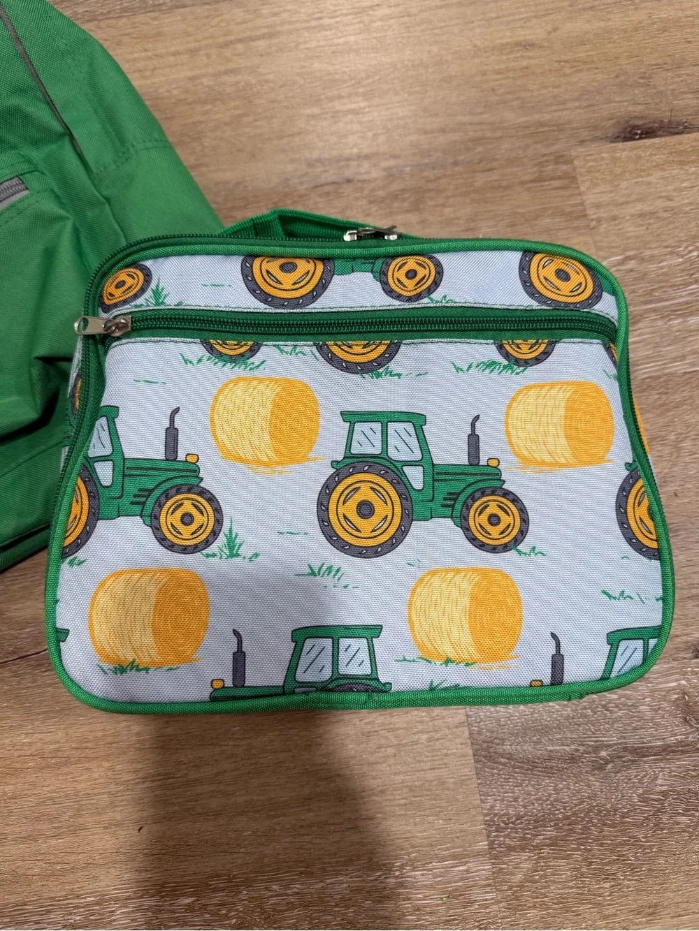 Kids Green Backpack with Tractor Lunchbox